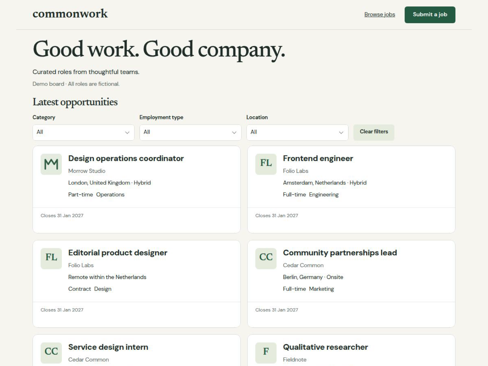 Commonwork job board on desktop: the headline Good work. Good company. above category, employment type and location filters and a two-column grid of job cards with company initial marks and closing dates.